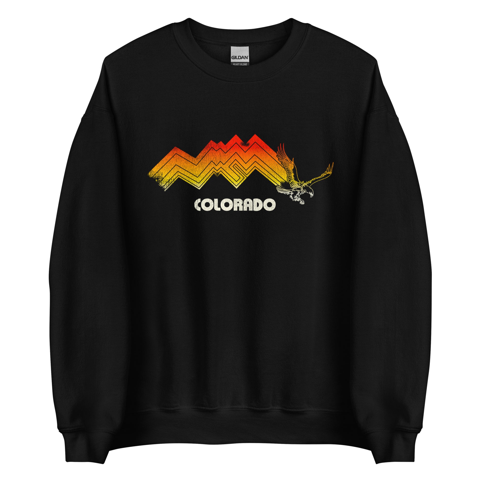 A black 70s crewneck sweatshirt with a faded orange and red mountainscape with an eagle and the word Colorado.