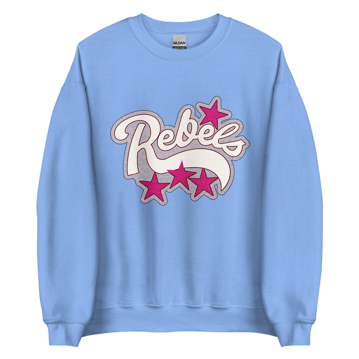 A tourist retro light blue crew neck sweatshirt with the word "Rebels" along with pink stars. Is referenced in the movie "Night of the Comet" as Samantha's cheerleading uniform.