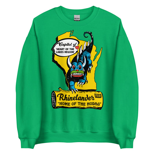 A touristy retro irish green crew neck sweatshirt from Rhinelander, Wisconsin. Has a yellow map of Wisconsin that points to a red heart where Rhinelander is located in the North Woods. Text reads "Heart of the Lakes Region" and "Capitol of" WI. Image of a campfire log that says "Rhinelander, Wis" and "home of the Hodag". Image of legendary hodag creature, Rhinelander's mascot.
