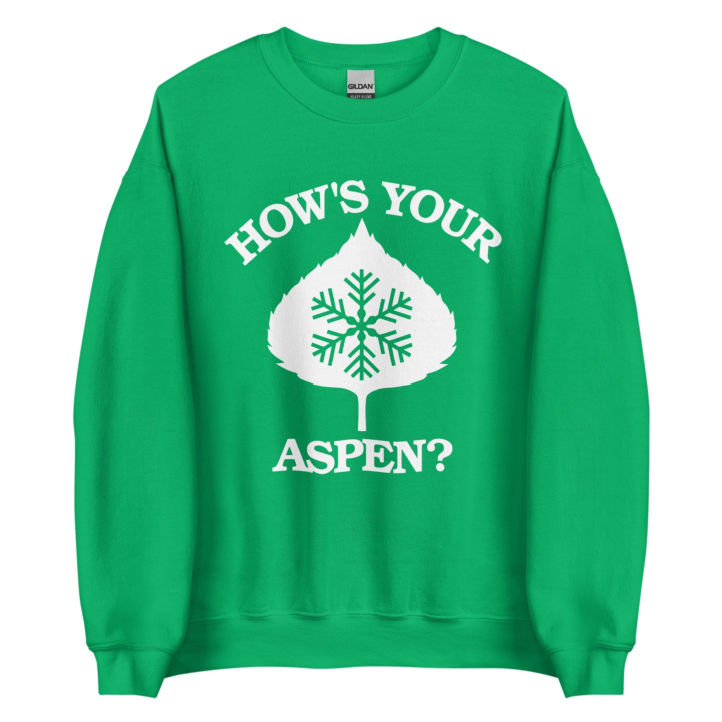 A 70s style travel light green crew neck sweatshirt with the text How's Your Aspen? about Aspen, Colorado with a leaf and snowflake.