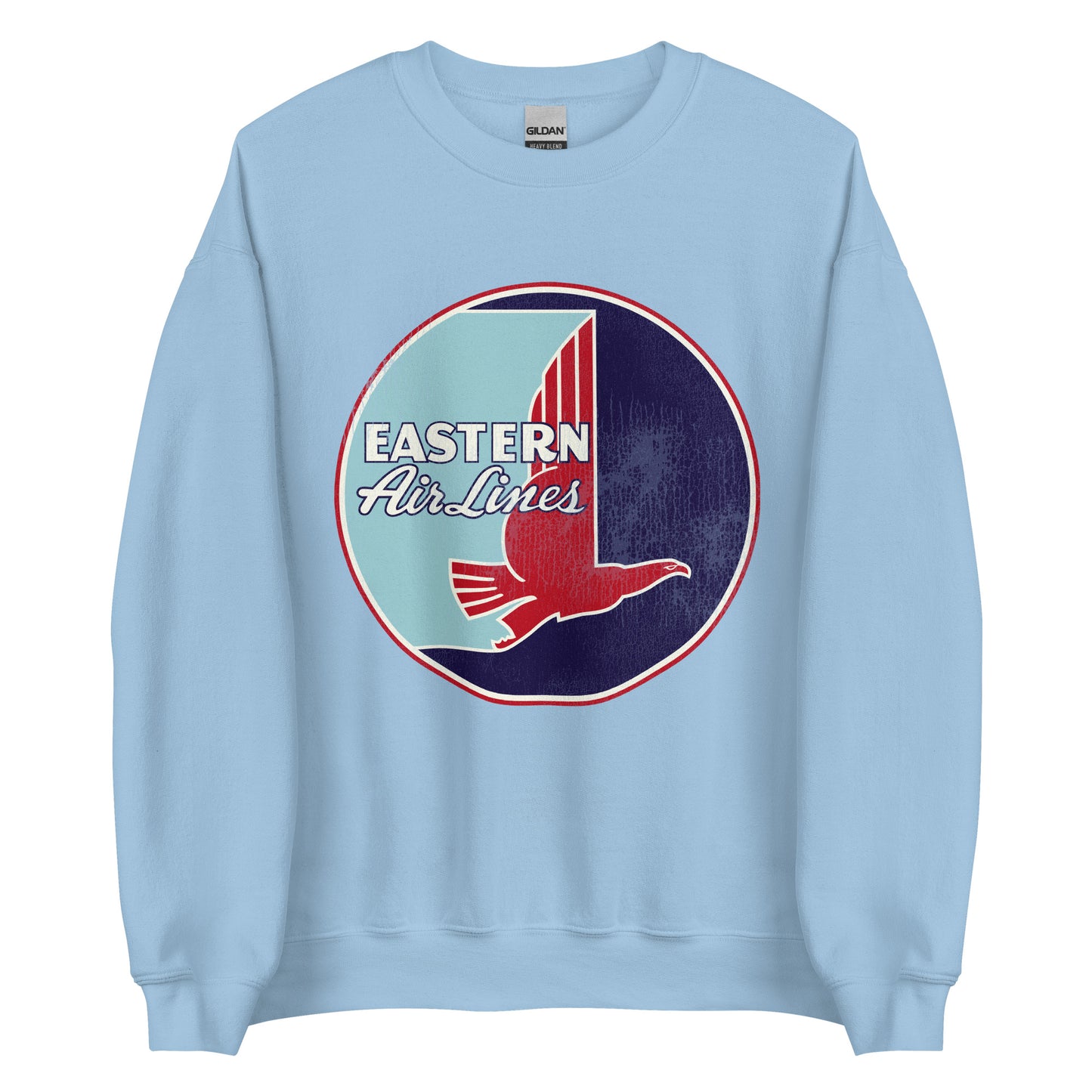 A light blue 70s style crew neck sweatshirt that says "Eastern Air Lines" with the picture of a red falcon flying through the air. The logo is known as the "hockey stick".