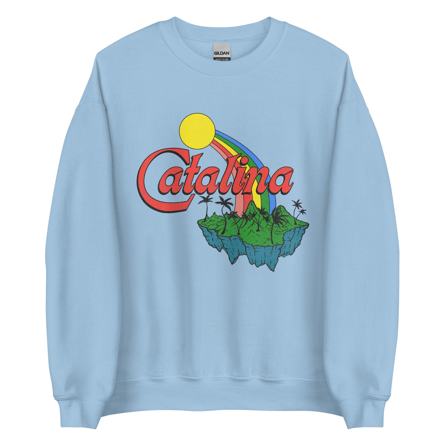 A light blue retro crew neck sweatshirt with the text "Catalina". Image of yellow sun connected to a mountain covered island by a beautiful rainbow. Refers to Santa Catalina Island, one of California's Channel Islands. Popular for scuba divers and hikers.
