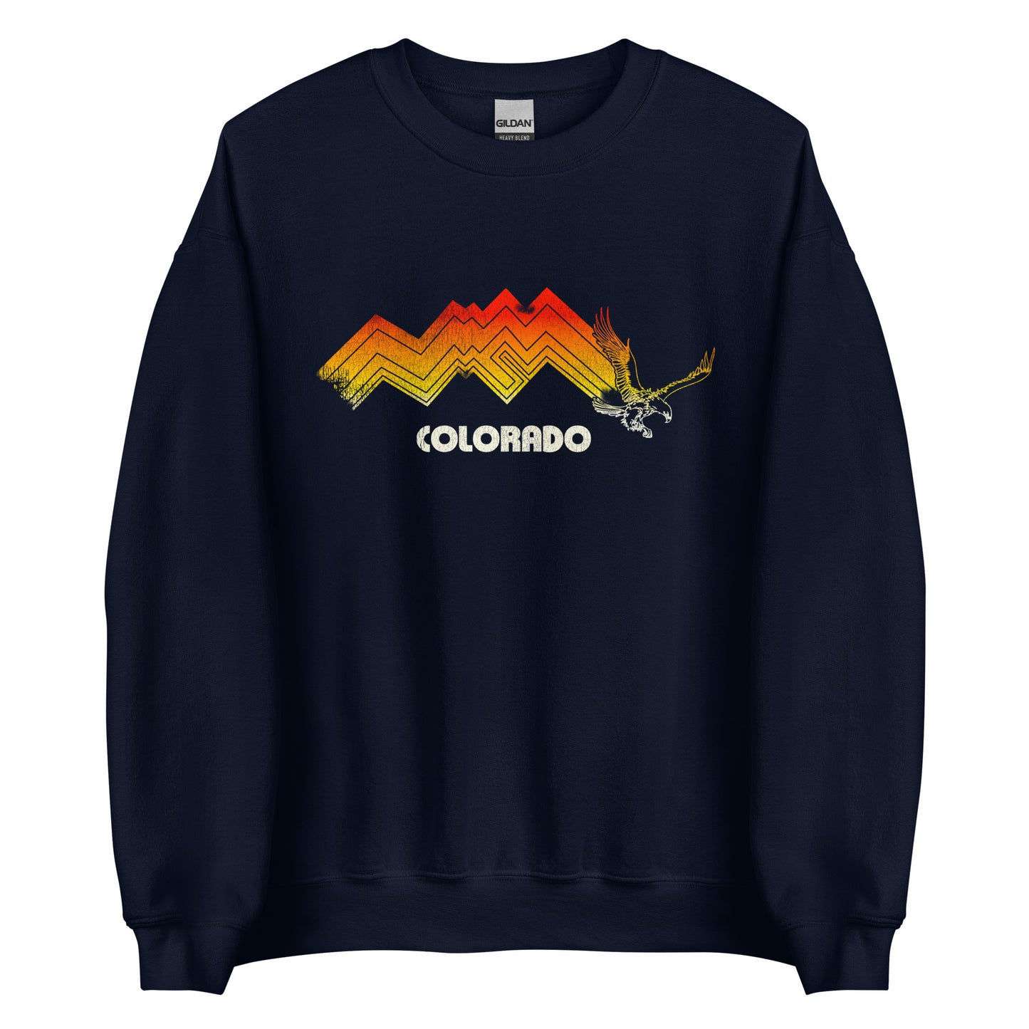 A navy 60s crewneck sweatshirt with a faded red and orange mountainscape with an eagle and the word "Colorado".