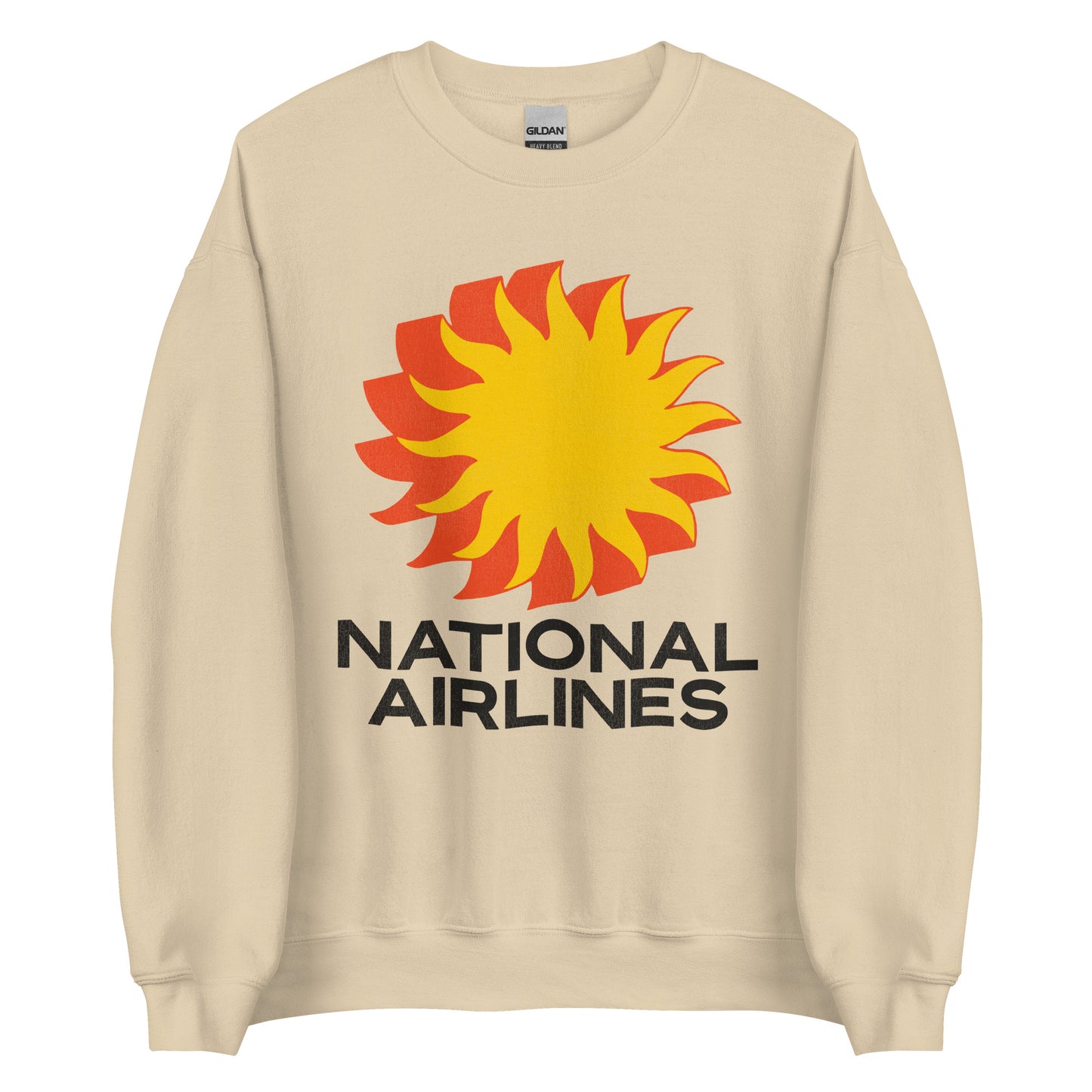 A retro sand colored crew neck sweatshirt that says "National Airlines", an airline which since became Pan Am, with the famous yellow and orange sunburst logo.