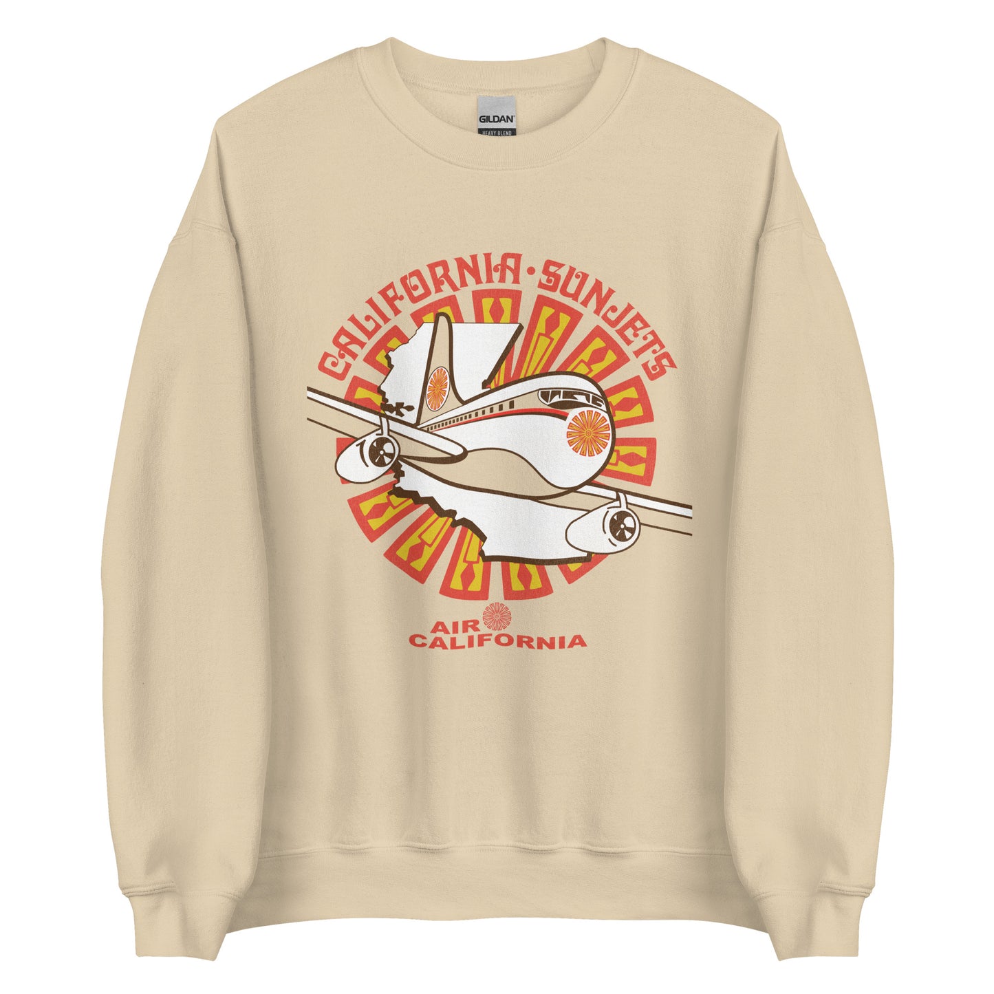 A vintage 70s style sand crew neck sweatshirt with the Air California flower circle yellow and orange logo with a map of California on top. Image of an Air Cal airplane taking off. Text reads "California Sunjets."