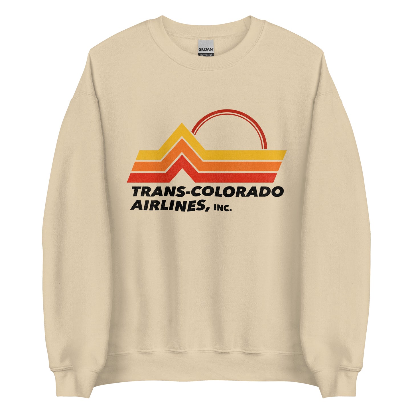 A sand colored vintage crew neck sweatshirt that says "Trans Colorado Airlines, Inc." with the image of three triangle lines representing the Rocky mountains with a sun rising.