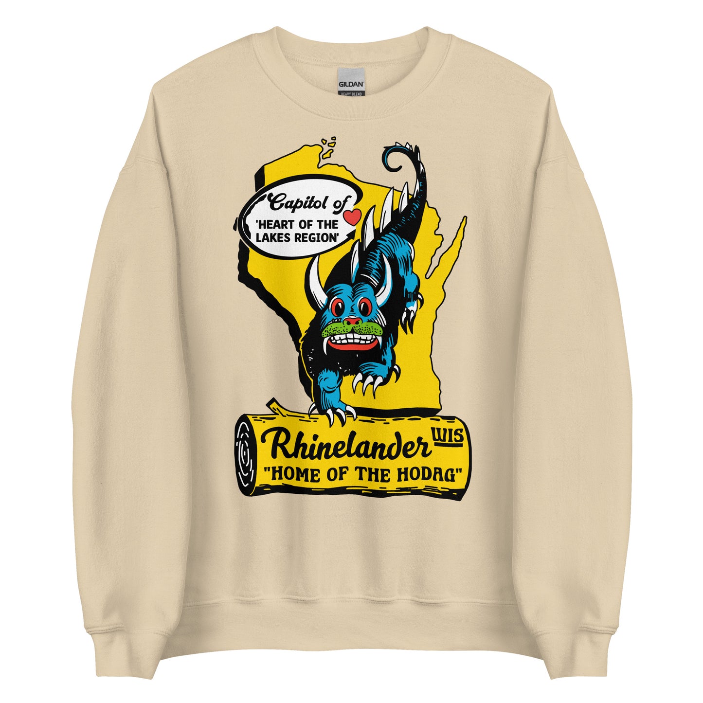 A sand colored retro crew neck sweatshirt with a yellow map of Wisconsin and a red heart right over the location of Rhinelander, "home of the Hodag", a mythical creature of legend from the North Woods small town. Sweatshirt reads "Capitol of" and "heart of the Lakes Region."