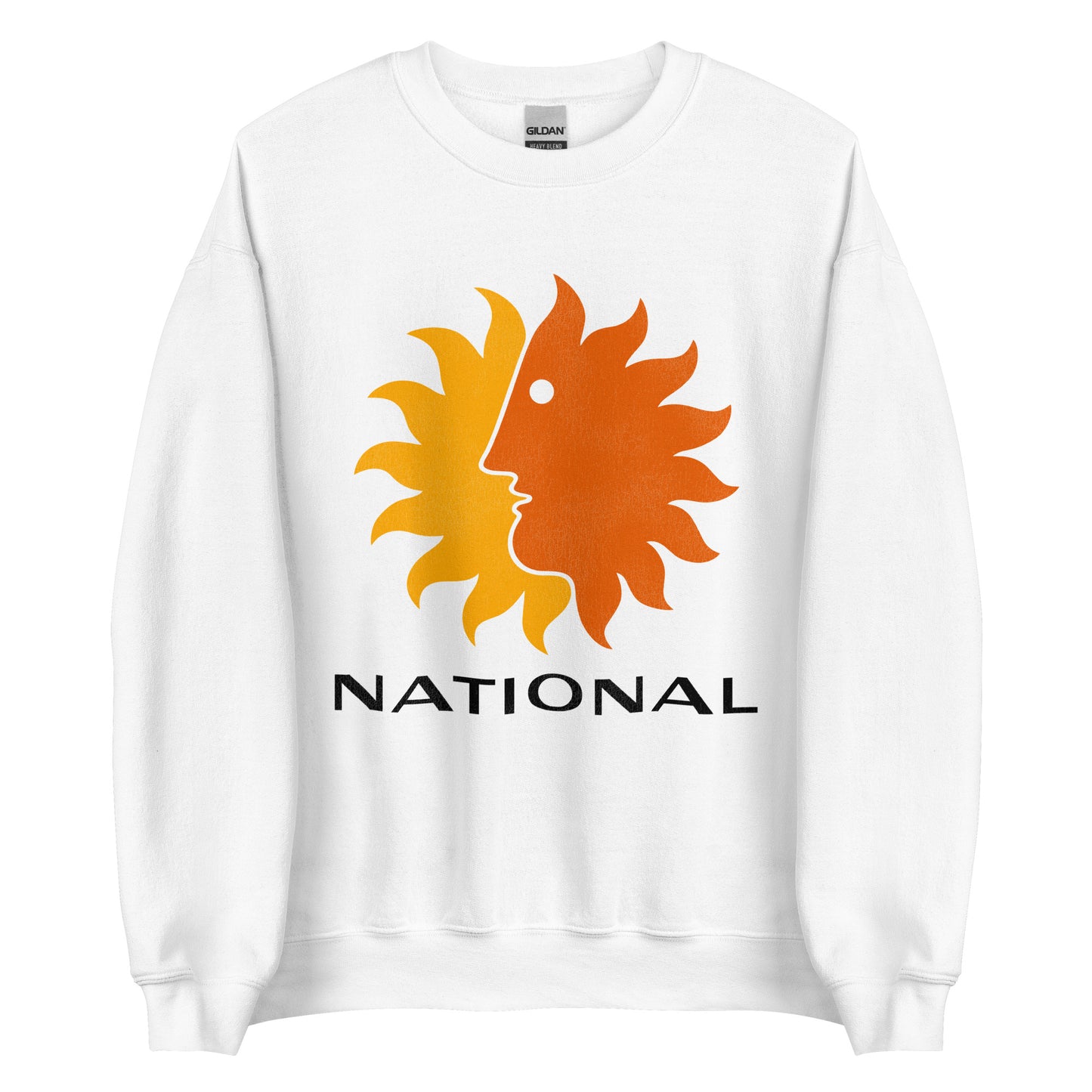 A retro white crew cut sweatshirt with the text "National" referencing National Airlines. Image of the iconic Sun King logo, a yellow and orange sunburst with a face.