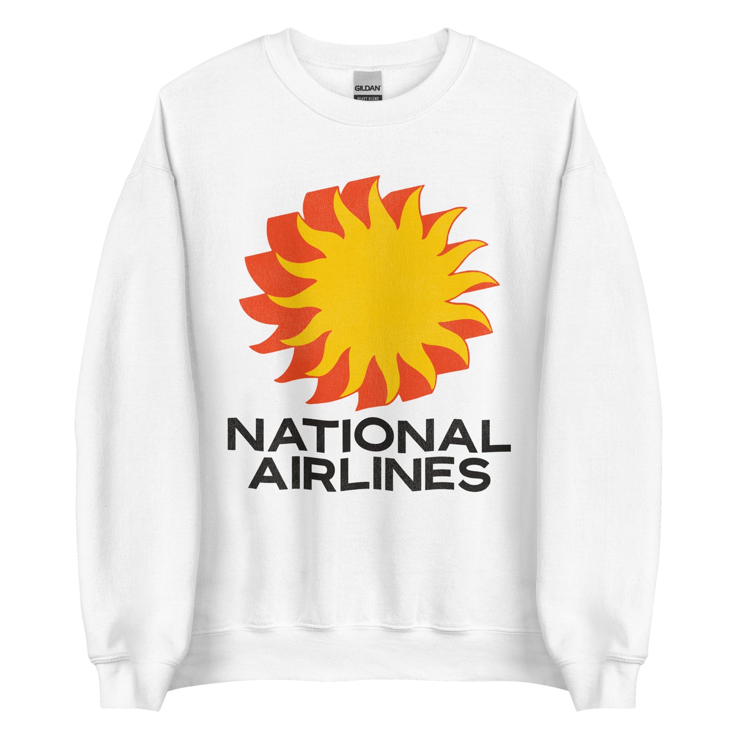 A retro white crew neck sweatshirt with the National Airline's logo of an orange and yellow sun king sunburst. Refers to the airline which ran from the 1930s-1980s before being taken over by Pan Am.