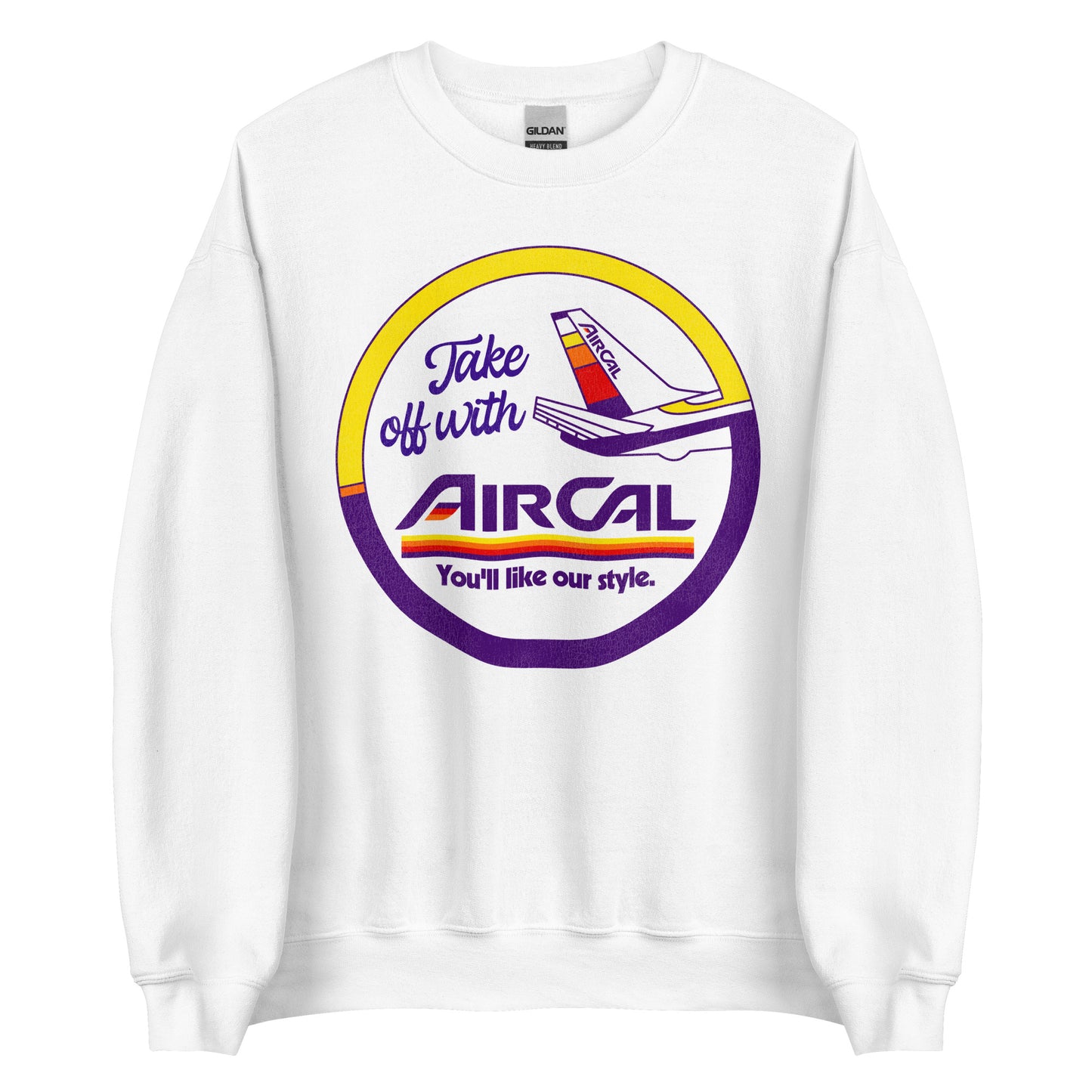 A retro 80s style white crew neck sweatshirt that says Take off with Air Cal and You'll like our style. Has image of a plane taking off with the AirCal logo on its tail fin. Airline was once called Air California and started in Newport Beach, CA.