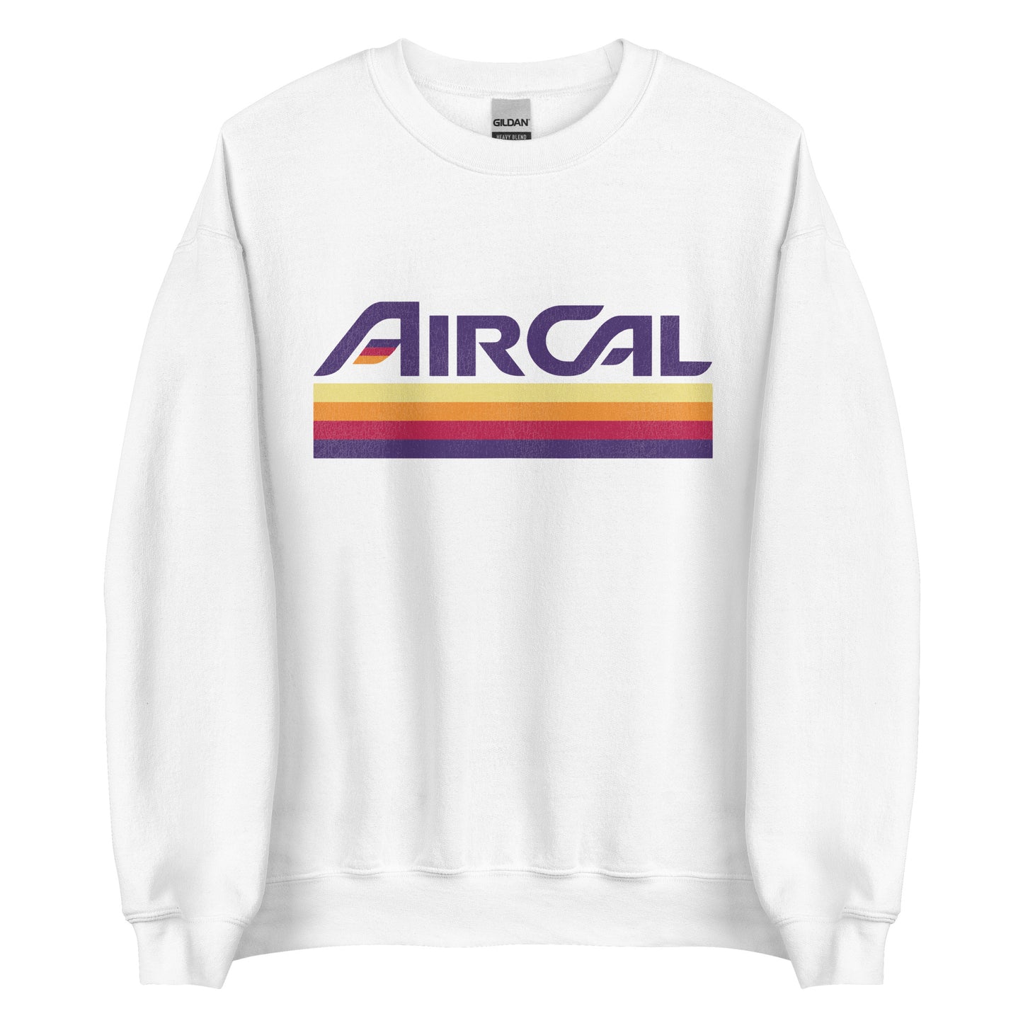 A tourist white crew neck sweatshirt with the retro airline Air Cal and its logo of striped colors. Originally known as Air California.