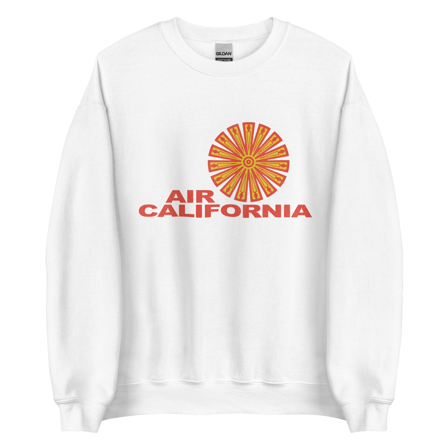 A retro tourist white crew neck sweatshirt that says Air California, referring to the now defunct airline that run from 1967-1987 and was also known as Air Cal. Has the iconic circle orange and yellow logo resembling a sun.