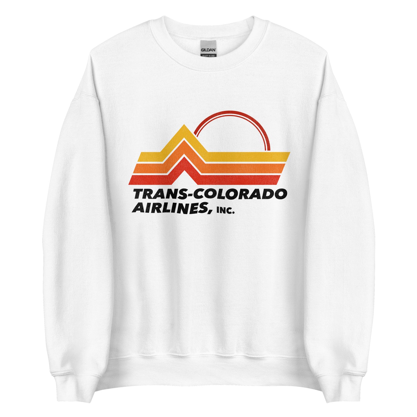 An 80s style white crew neck sweatshirt with the Trans-Colorado Airlines, Inc. logo of colorful mountains and a red setting sun.