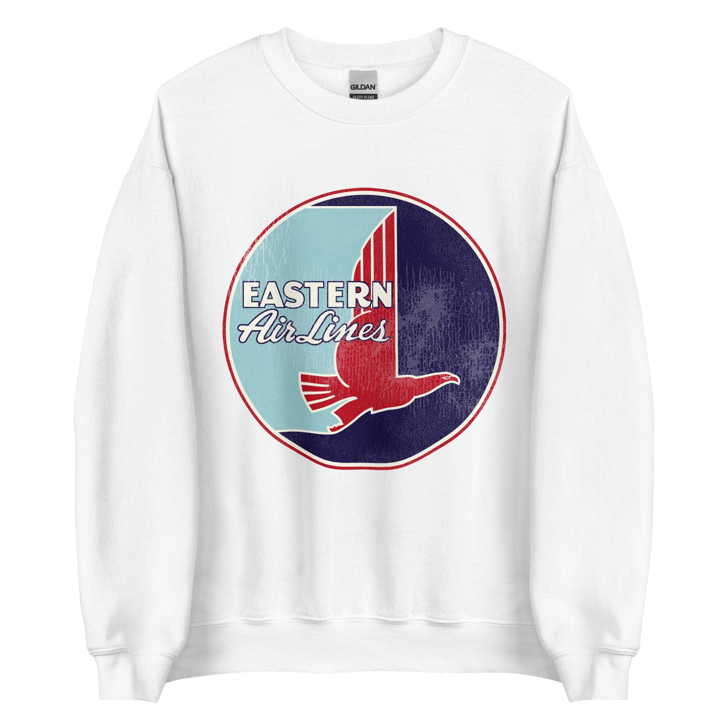 An 80s style white crew neck vintage sweatshirt that says "Eastern Air Lines" with the picture of the red falcon logo representing airplane speed and direction.