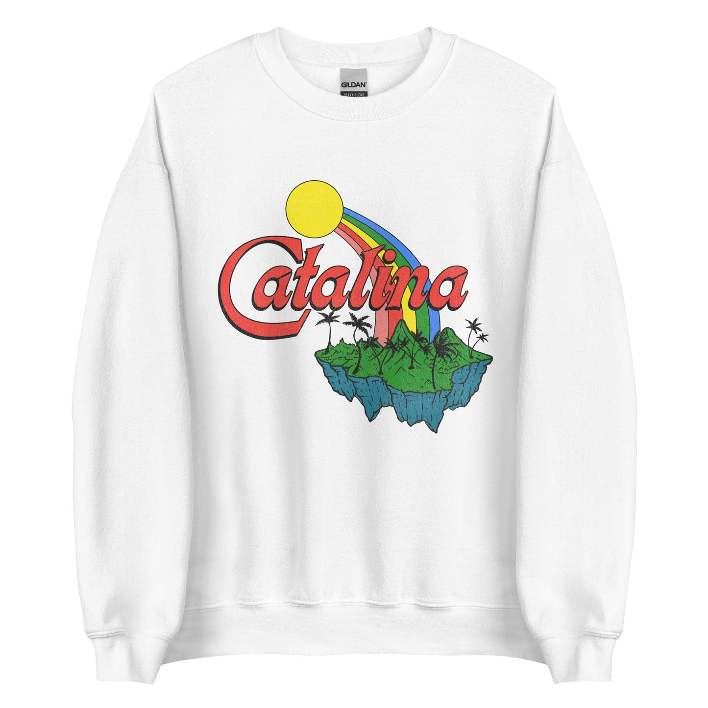 A white crew neck tourist sweatshirt that says "Catalina" in red block letters in front of a rainbow, yellow sun, and green island. Representative of Santa Catalina Island in California which has Mount Orizaba.