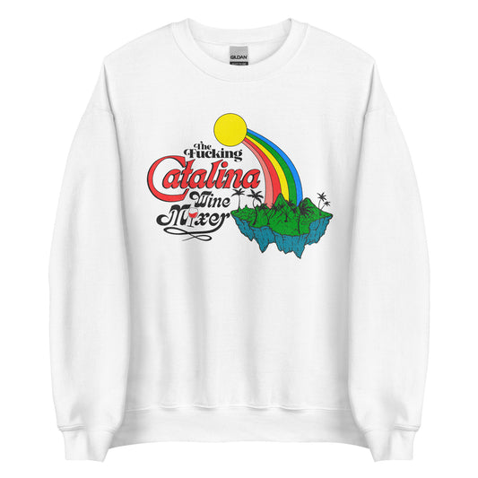 A white vintage crew neck sweatshirt that reads "The Fucking Catalina Wine Mixer" with a red wine filled glass, a bright yellow sun, a rainbow, and an island with green mountains. Refers to one of the Channel Islands off in California.