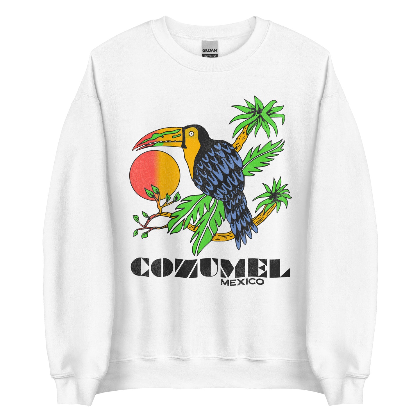 A crew neck white sweatshirt with the text "Cozumel Mexico", referring to the Caribbean Sea island popular for cruise ship visits. Has a tropical bird with blue-black and yellow feathers and a large beak that matches the red orange sunshine.