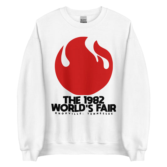 A white unisex vintage crew neck sweatshirt with text "The 1982 World's Fair" in "Knoxville, Tennessee." Has a red flame image representing the theme of "Energy Turns the World."