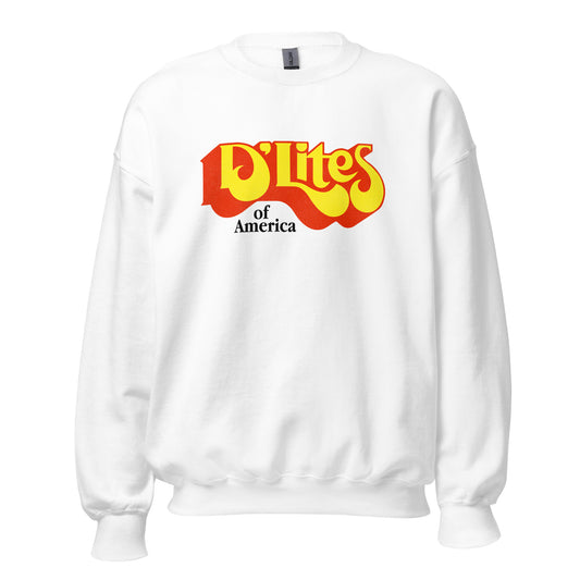 A white crew neck sweatshirt that says D'Lites in bold red and yellow text and of America below.