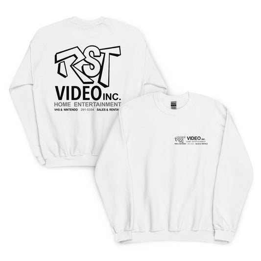 A vintage white crew cut sweatshirt for travel with bubble letters "RST", referencing the fictional RST Video Inc. from movie "Clerks." Also says Home Entertainment, VHS & NIntendo, Sales & Rentals. Has the company's phone number, "291-5354".