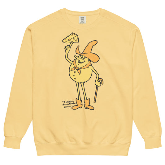 A butter yellow retro crew neck sweatshirt with the words "I Hanker for a Hunka Cheese!", an episode in the public service announcement series 'Time for Timer'. Image of Timer in cowboy getup with a cane and a chunk of swiss cheese.