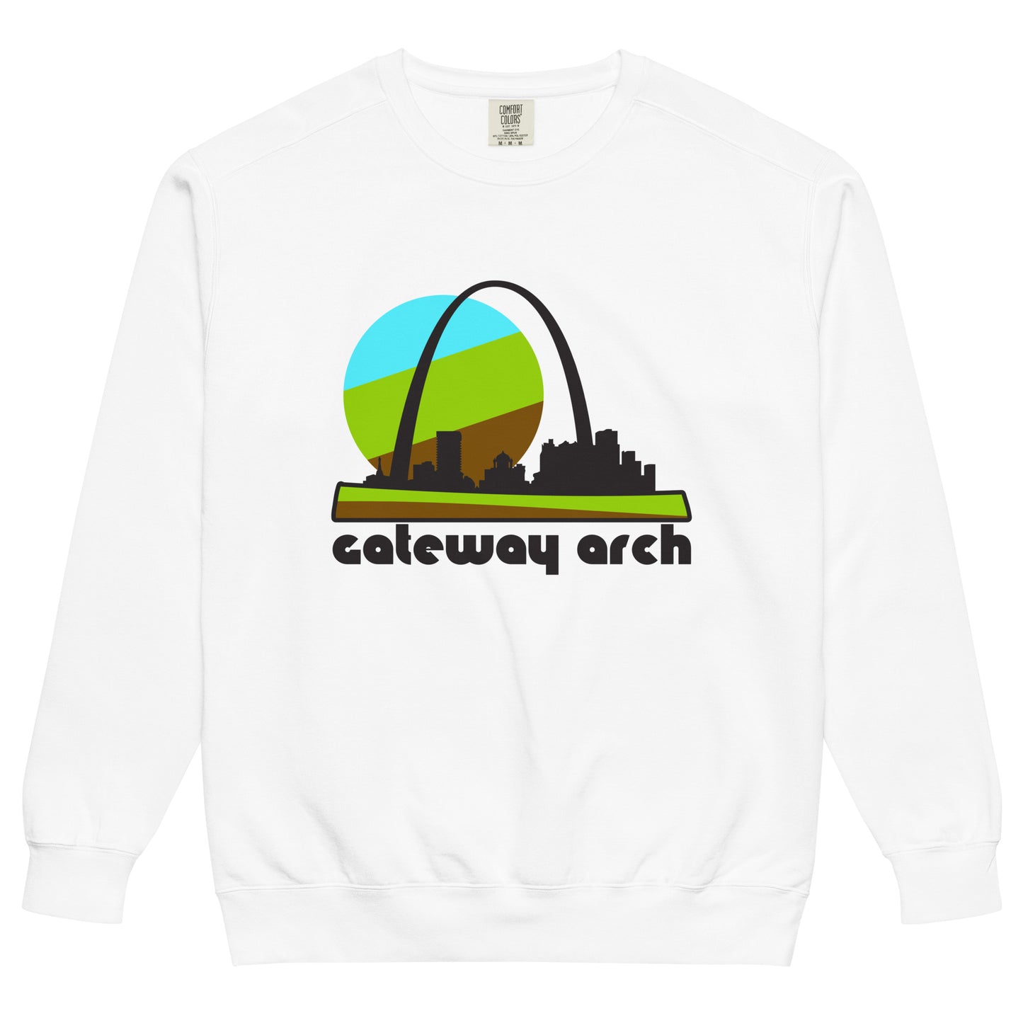 A retro 'Gateway Arch' crew neck sweatshirt in the color white that includes the image of the arch itself above the aesthetic St. Louis, Missouri skyline, a striped brown/green ground beneath and a blue/green/brown sun hanging in the sky, filling the background. In reference to the Gateway Arch National Park, the smallest national park in the US, with beautiful views from the top of the arch as well as along the Mississippi River.
