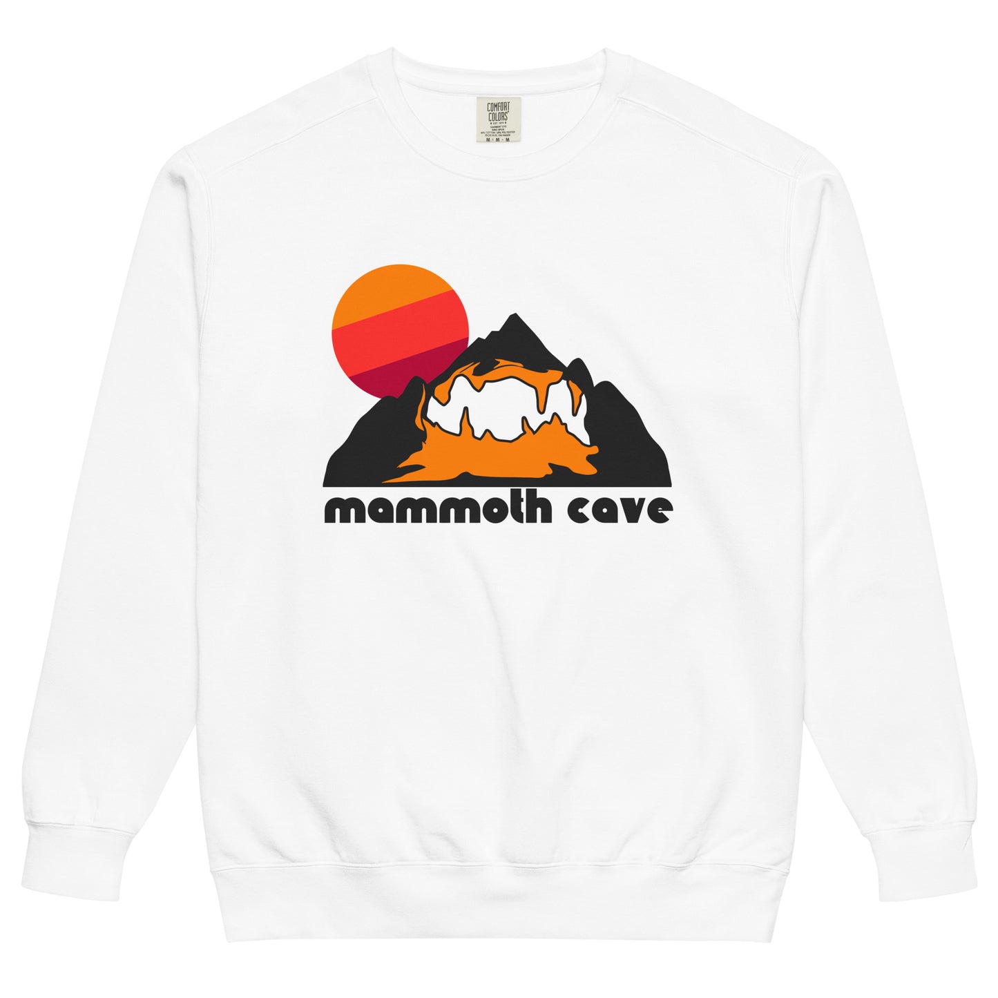 A souvenir, vintage crew neck sweatshirt in the color white that says "mammoth cave" with a picture of a cave system deep in an orange and black mountain under a rising warm toned sun. References Kentucky's famous Mammoth Cave National Park, known around the world for having the longest cave system on Earth, visited by almost two million tourists every year.