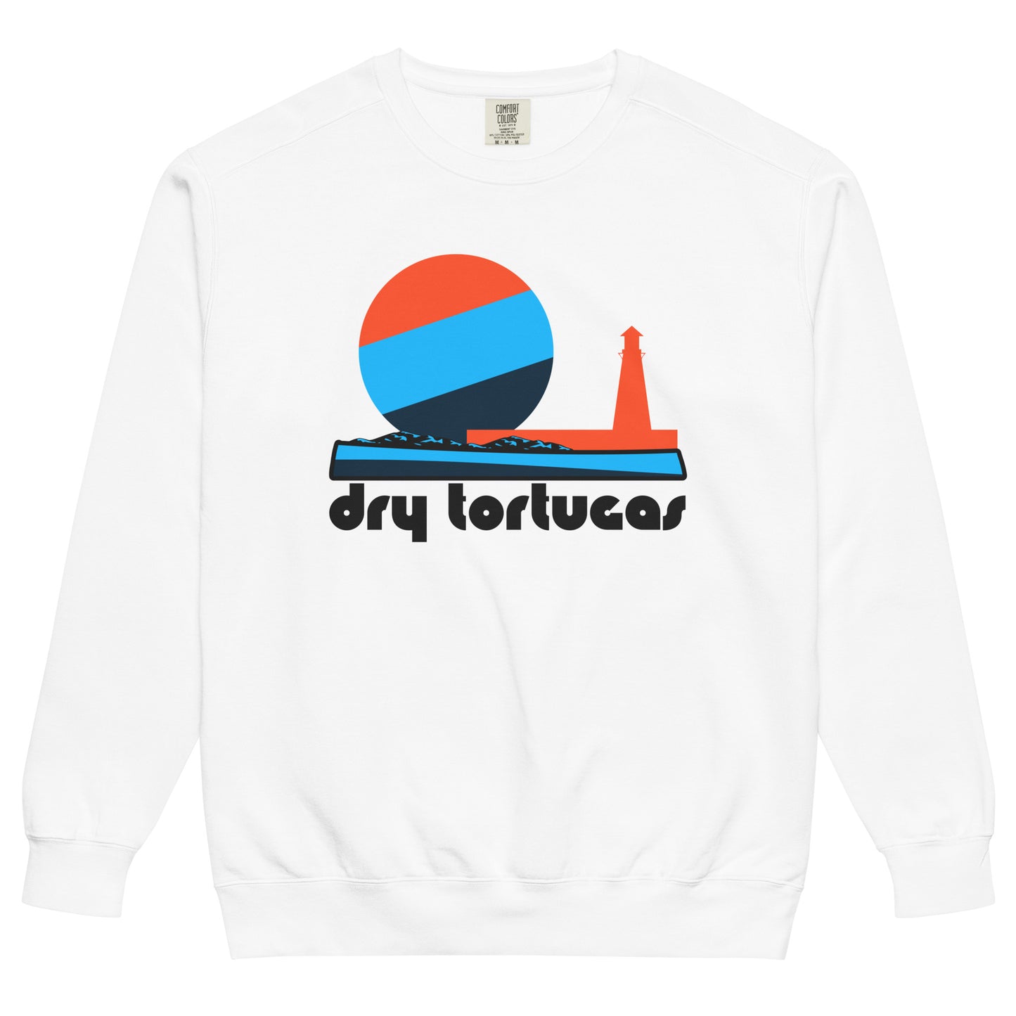 A vintage, souvenir Dry Tortugas National Park white crewneck sweatshirt which says "dry tortugas" under an image of striped ocean blue and navy waters, small blue mountainous hills, a red lighthouse, and a red, blue, and navy sun. Known for Fort Jefferson, coral reefs, an incredible marine ecosystem, and Dry Tortugas Light on Loggerhead Key.