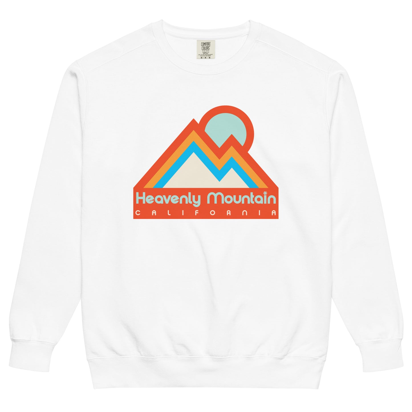 A white colored vintage 60s style crew neck Heavenly Mountain sweatshirt with an image of two mountain peaks and sun in various shades of aesthetic orange and blue. References the highest ski resort on Lake Tahoe, nestled in the Sierra Nevada Mountain Range, its 4800 acres spanning both California and Nevada.