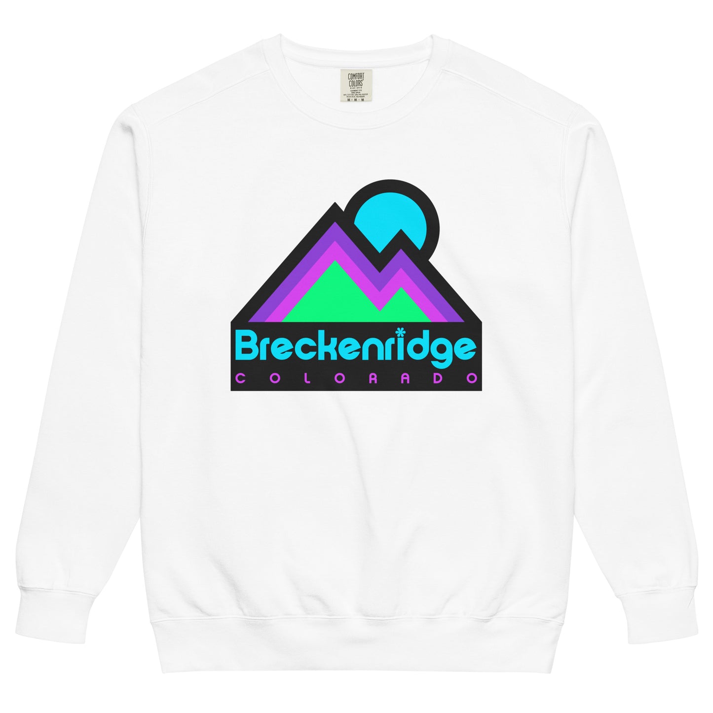 A white retro crew neck sweatshirt that says Breckenridge, Colorado under a mountain-scape and sun image in electric blue, orange, magenta, and green colors. References the Breckenridge Ski Resort, nestled in the famous and popular tourist destination, the Rocky Mountain Range.