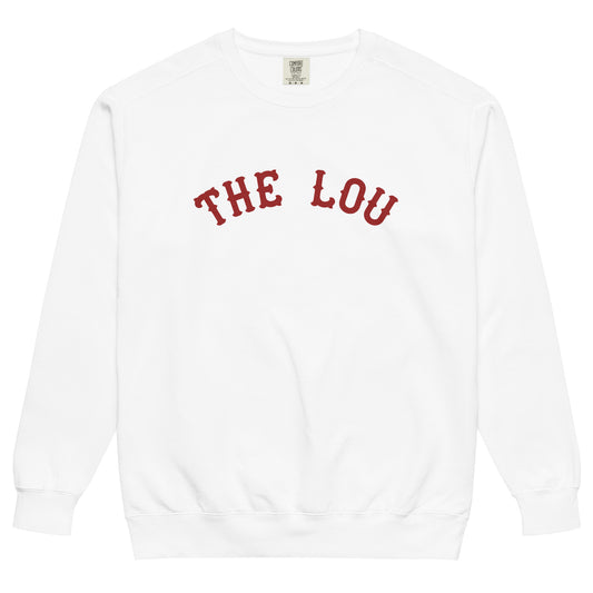 A white crew neck hoodie for tourists that says "The Lou" in red, referring to the city in Ohio and the MLB team the St. Louis Cardinals.