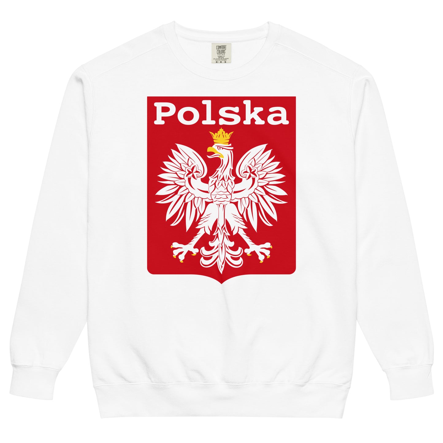 A vintage white crew neck sweatshirt for tourists with a red shield that says Polska and a white eagle with a yellow crown, the Polish national coat of arms.