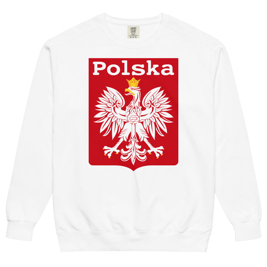 A vintage white crew neck sweatshirt for tourists with a red shield that says Polska and a white eagle with a yellow crown, the Polish national coat of arms.