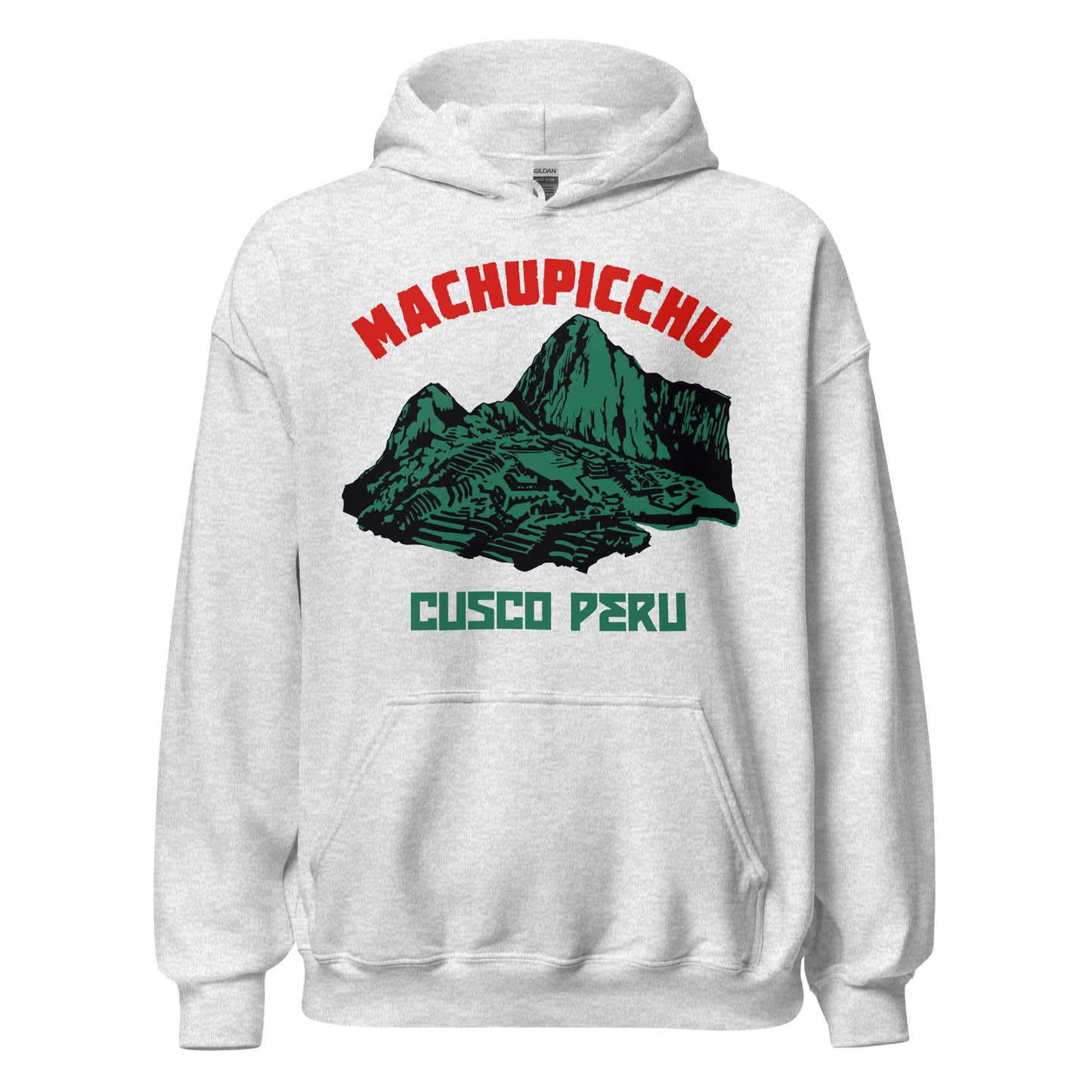 An ash gray 80s style Machu Picchu hooded sweatshirt for travel. Says Cusco, Peru, the nearest city to the famous Inca civilization ruins. The sit is considered a UNESCO World Heritage Site and one of the seven wonders of the world.