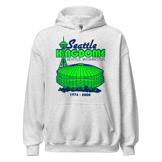 An ash gray Seattle Kingdome vintage hoodie sweatshirt with an image of the multipurpose sports stadium and the Space needle in lime green. References the Seattle, Washington stadium which served as a home from the MLB Team the Mariners, NFL team The Seahawks, and NBA team the Sonics.