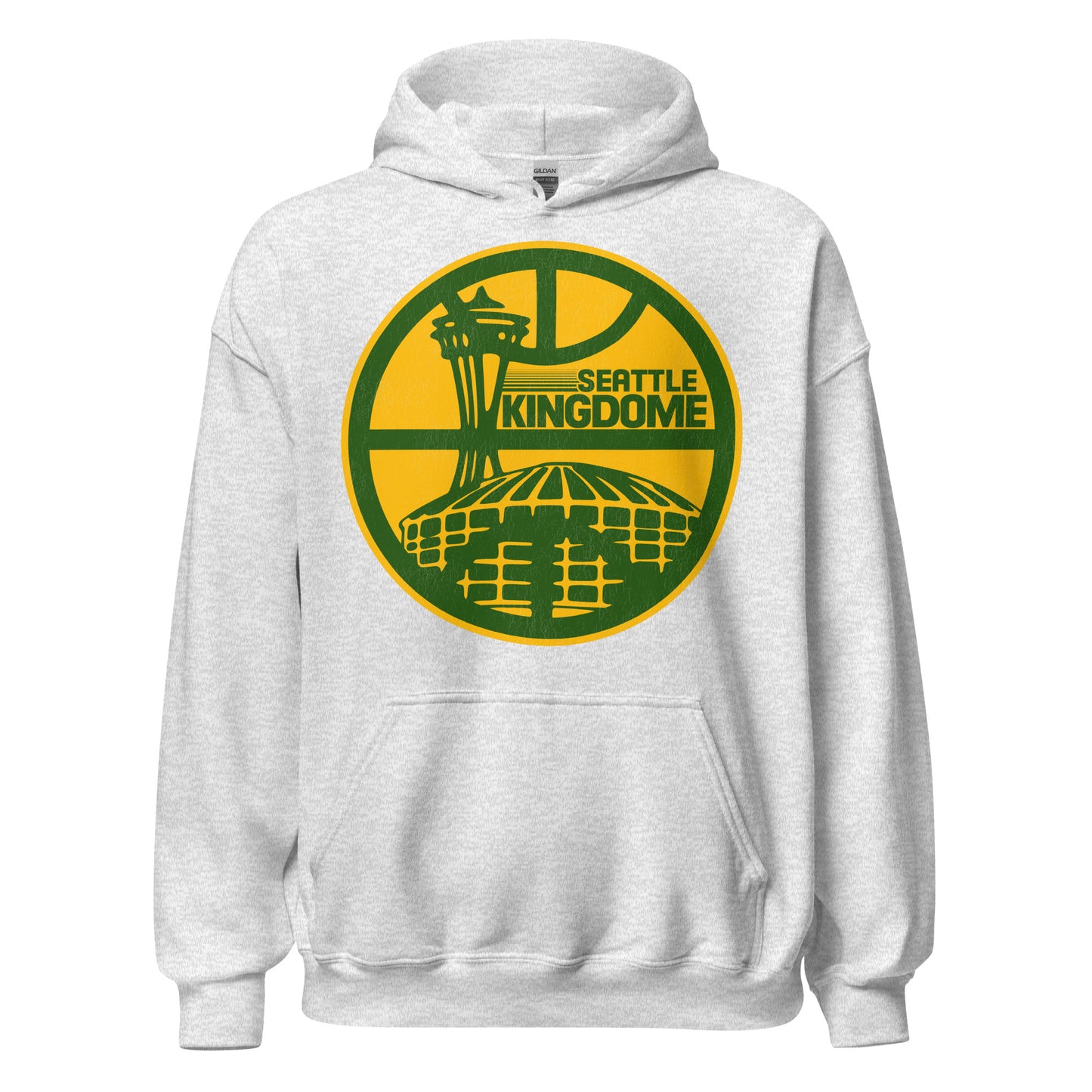 An ash gray colored retro "Seattle Kingdome" hoodie sweatshirt. Image of the famous domed stadium, home of the Mariners (MLB), Seahawks (NFL), Sonics (NBA), and Sounders (NASL), the Space Needle, and a basketball court.