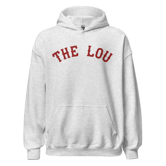 An ash colored retro hoodie sweatshirt that says "The Lou" in red. Refers to the St. Louis Cardinals.