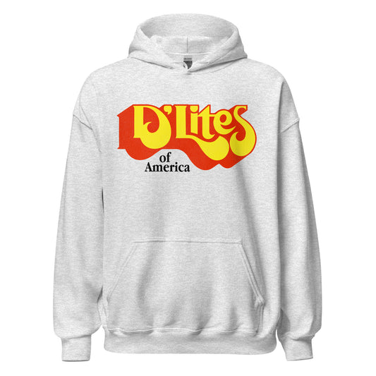 An ash colored hoodie, 70s style, with the words "D'Lites of America" in the center.
