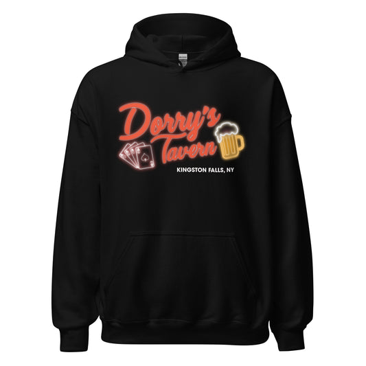 A vintage, 70s style "Dorry's Tavern" hooded sweatshirt from Kingston Falls, NY with the images of an overflowing beer mug and a couple playing cards, all aces, in reference to the bar from the 1984 horror comedy film 'Gremlins.'