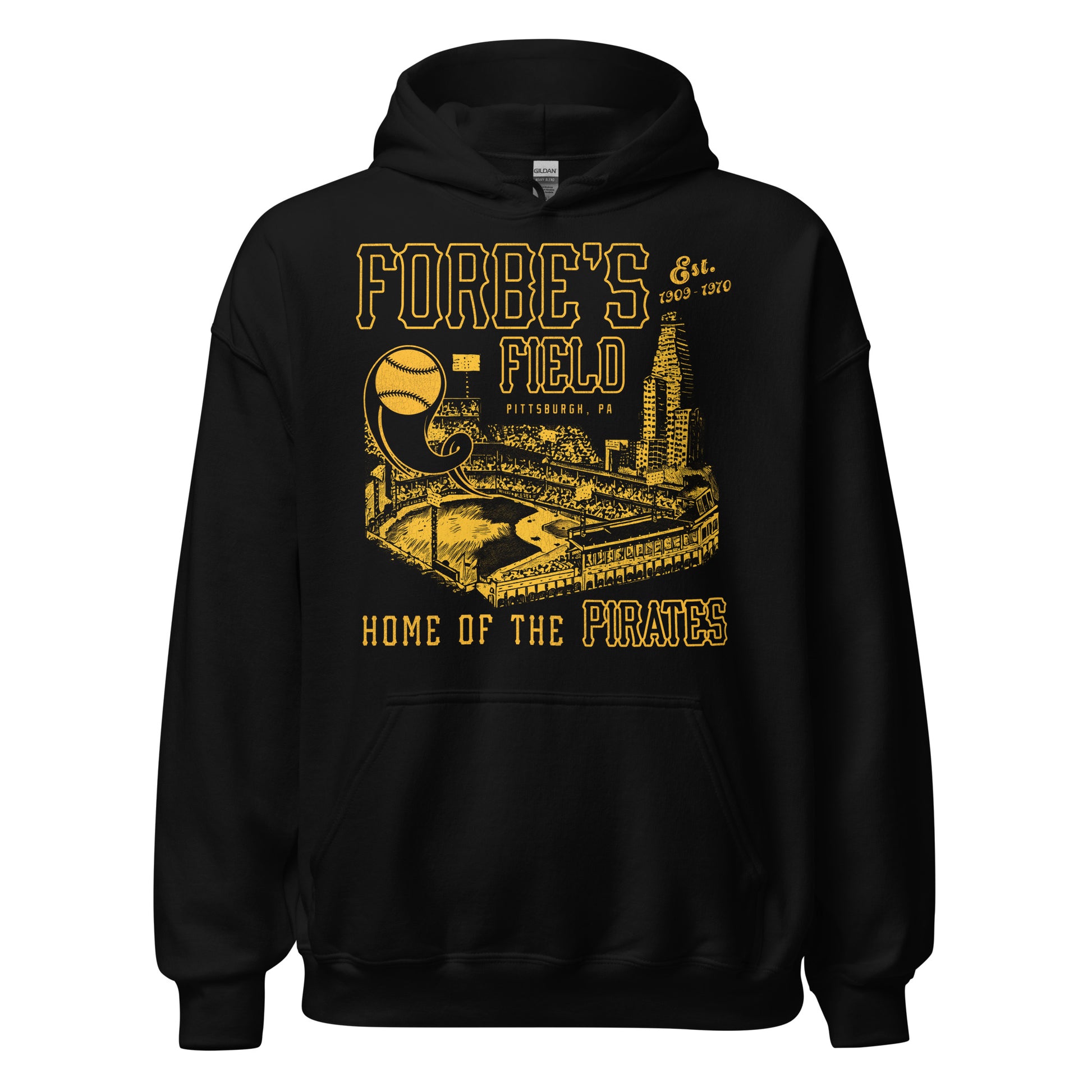 An 80s style, retro Forbe's Field hoodie sweatshirt with the text "Est. 1909-1970" and "Pittsburgh, PA" with a picture of the baseball stadium, often referred to as the "Home of the Pirates", an MLB team. Image has a baseball being hit into the air in front of the Cathedral of Learning tourist landmark.
