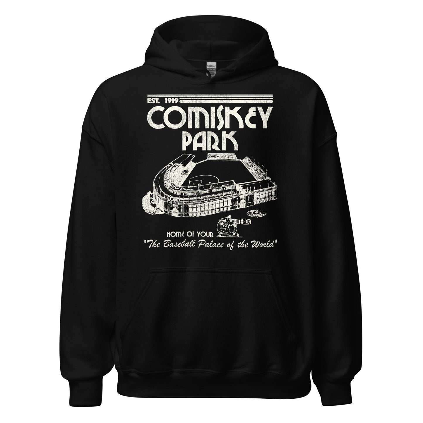 A black tourist vintage Comiskey Park hoodie sweatshirt that says "Home of Your White Sox" and "The Baseball Palace of the World" and was Established in 1919. References the Chicago South Side stadium where the White Sox played from 1910-1990. Image of a baseball diamond inside the stadium, named after owner Charles Comiskey, and a White Sox baseball player holding a bat.