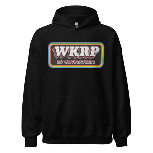 A 60s style black hoodie sweatshirt for WKRP in Cincinnati, the comedy TV show that ran in the 70s - 80s. The logo is surrounded by rainbow lines in a rectangle.