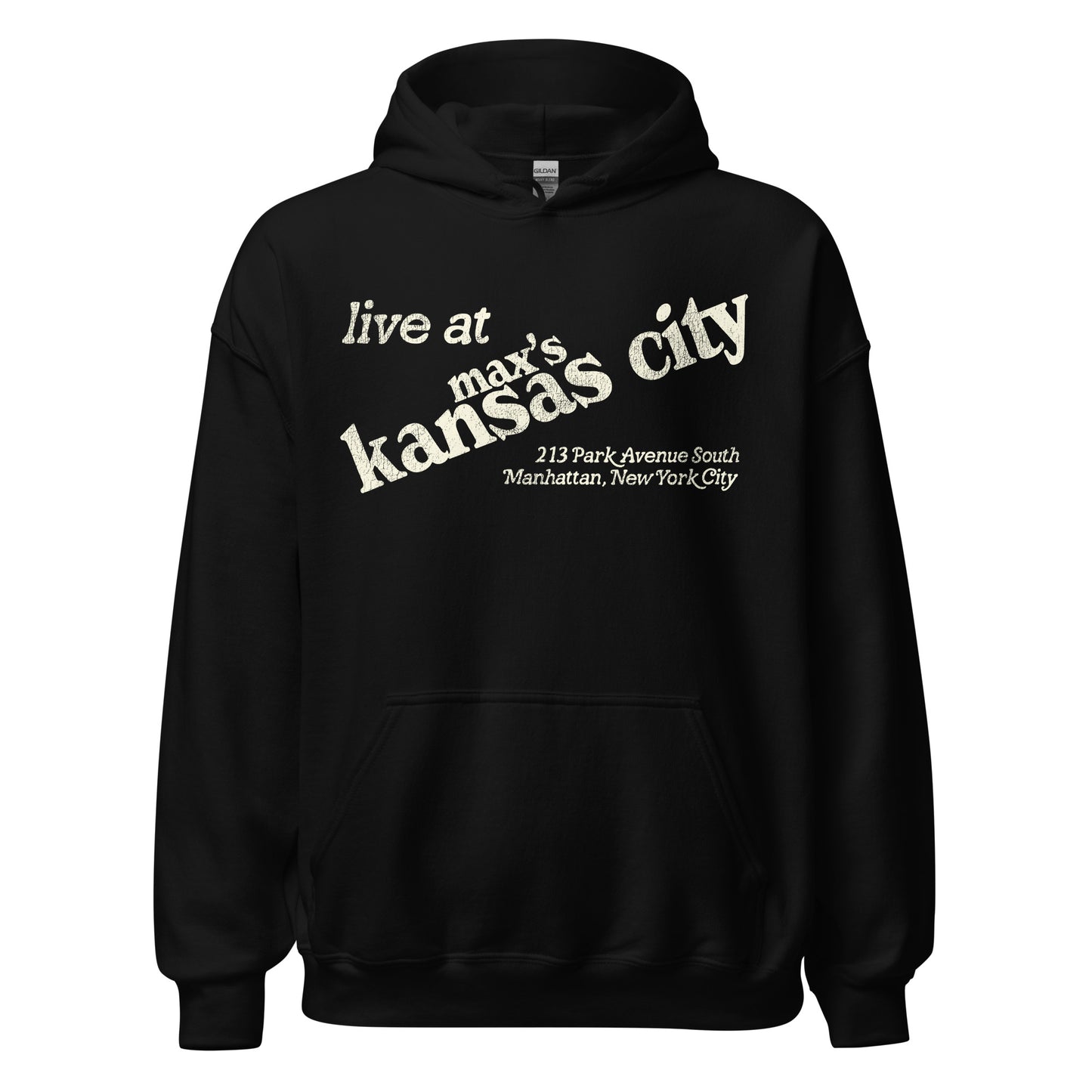 A vintage black hooded sweatshirt that says "live at Max's Kansas City" with the famous nightclub's address "213 Park Avenue South, Manhattan, New York City."