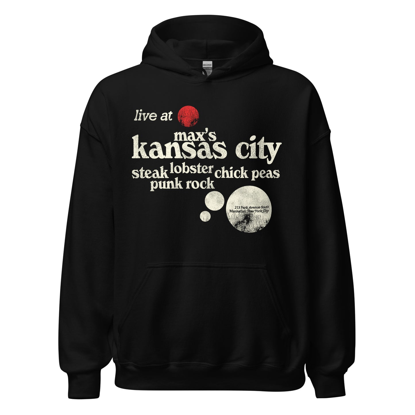 A retro 70s black Max's Kansas City hoodie sweatshirt that says "live at Max's Kansas City" and "Steak, Lobster Chick Peas, Punk Rock". Includes the address "213 Park Avenue South, Manhattan, New York City." Image of a red circle with black lines in reference to the "Bucket of Blood" back room that had a Dan Flavin red fluorescent sculpture.
