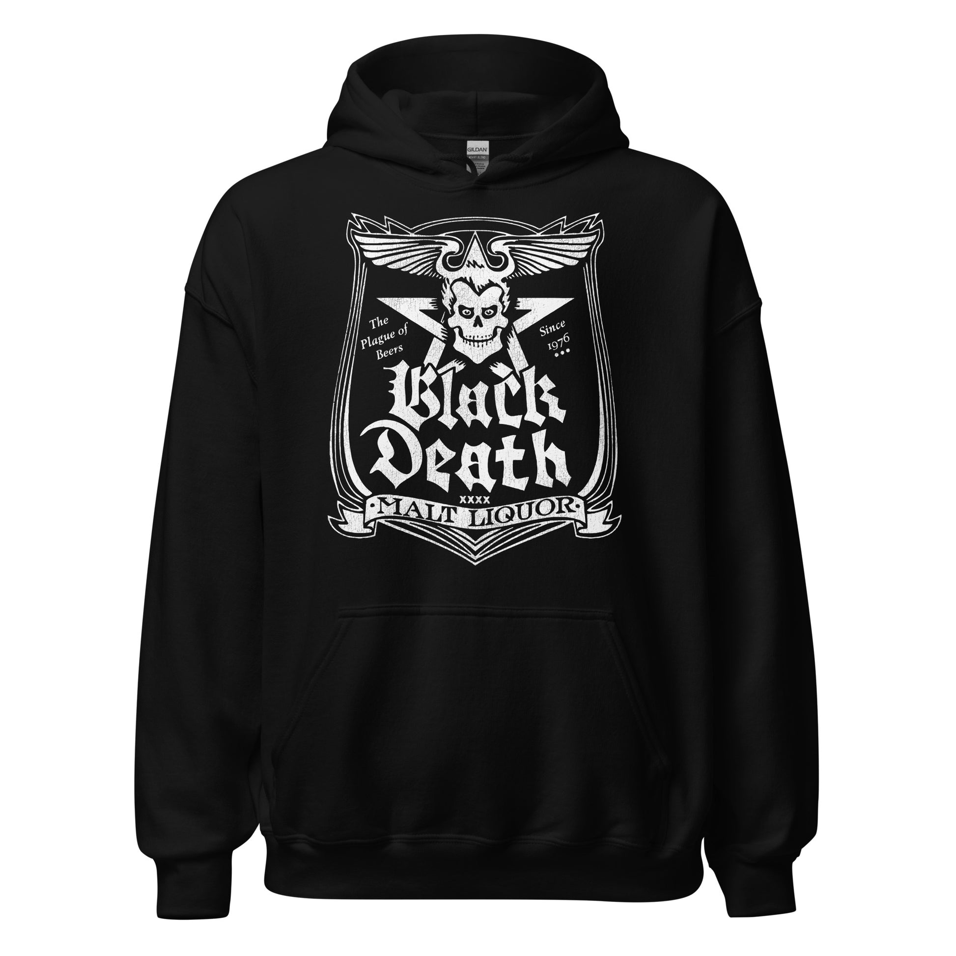A black vintage 80s style hoodie sweatshirt that says Black Death Malt Liquor on a gothic shield with a devil skull and winglike horns over a five pointed satanic star. Says The Plague of Beers Since 1976. In reference to the TV sitcom series WKRP in Cincinnati, and the character Dr. Johnny Fever.