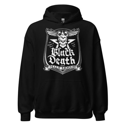 A black vintage 80s style hoodie sweatshirt that says Black Death Malt Liquor on a gothic shield with a devil skull and winglike horns over a five pointed satanic star. Says The Plague of Beers Since 1976. In reference to the TV sitcom series WKRP in Cincinnati, and the character Dr. Johnny Fever.