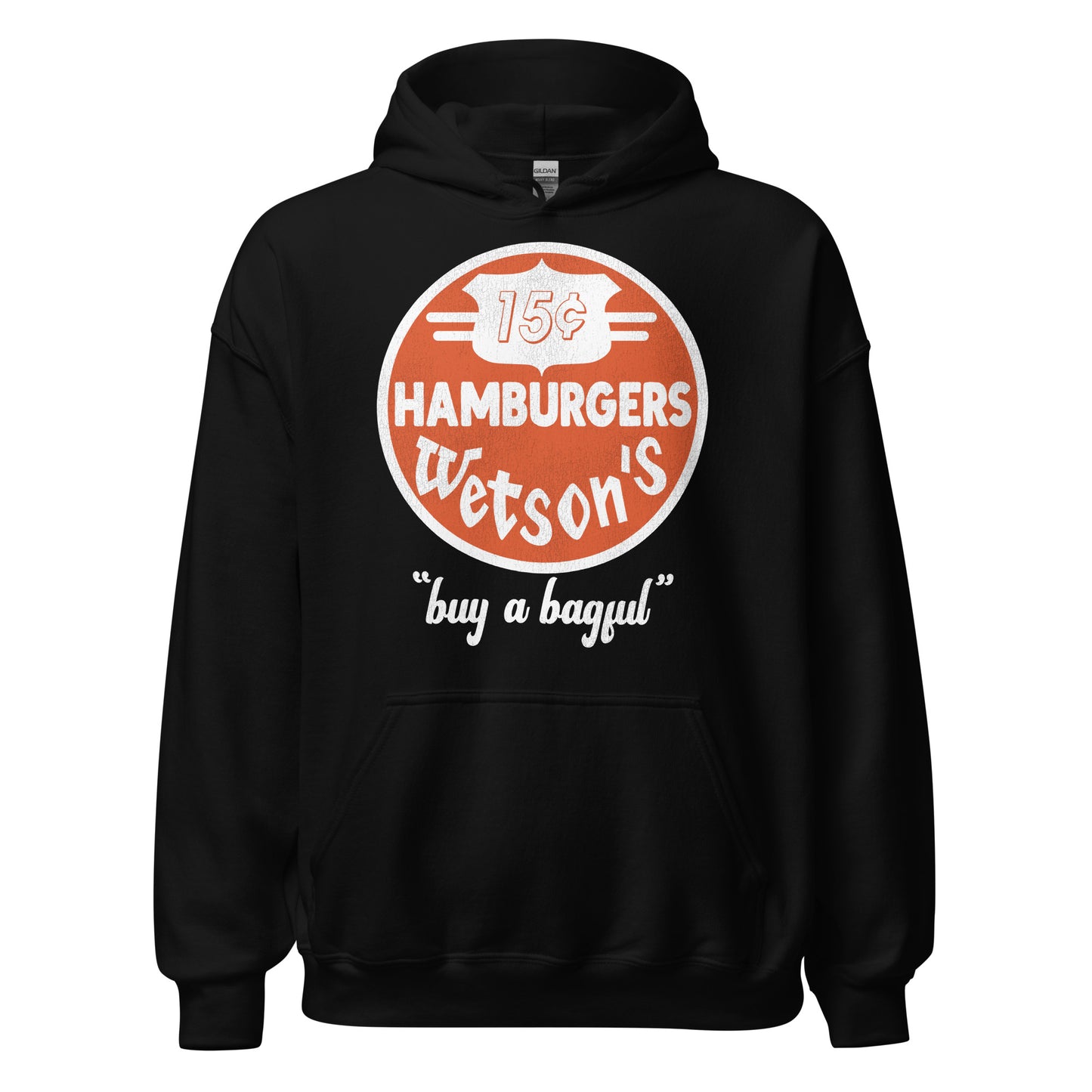 A unisex tourist heavy blend hooded sweatshirt with an orange label of 15 cent Hamburger's Wetson's and the text "Buy a Bagful" from the 50s, 60s, and 70s burger brand.