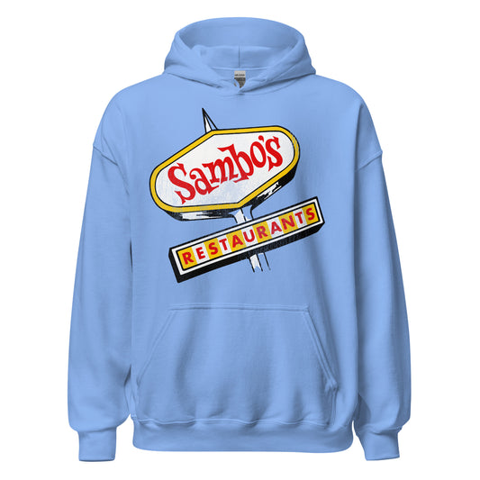 An 80s california blue colored hoodie sweatshirt with the words "Sambo's Restaurants" referencing the restaurant chain popular for serving classic American meals in the 50s, 60s, and 70s.