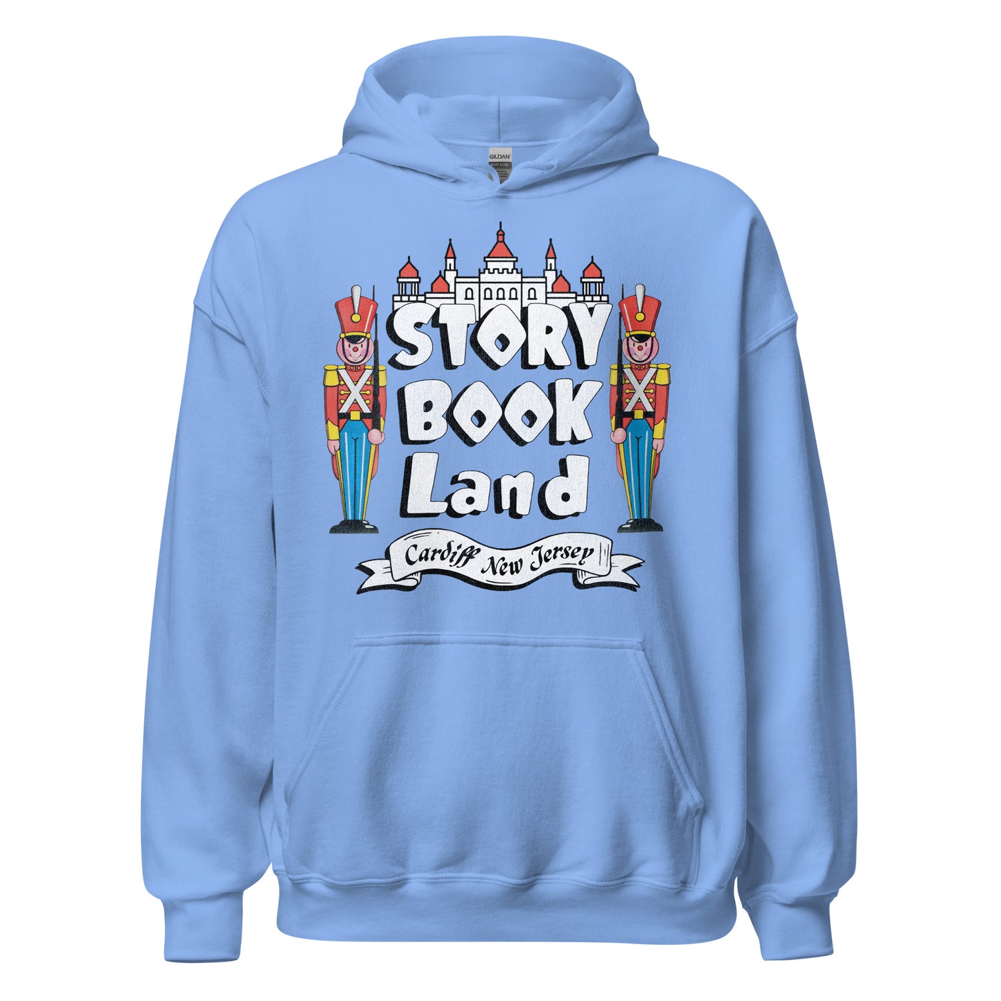 A unisex baby blue hooded sweatshirt for tourists with the words Story Book Land referring to the retro 1955 children's theme park in Cardiff New Jersey with two toy soldiers under a castle.