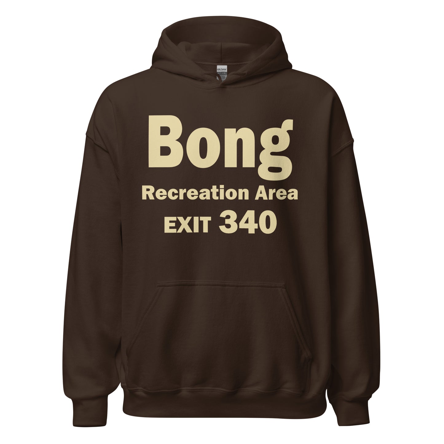 A dark chocolate brown colored vintage hooded sweatshirt that says "Bong Recreation Area Exit 340" in reference to the famous street sign off of a WI roadway in the Richard Bong State Recreation Area. Famous for how people interpret it in connection to cannabis, though it's actually named after World War II vet Major Richard Ira Bong.